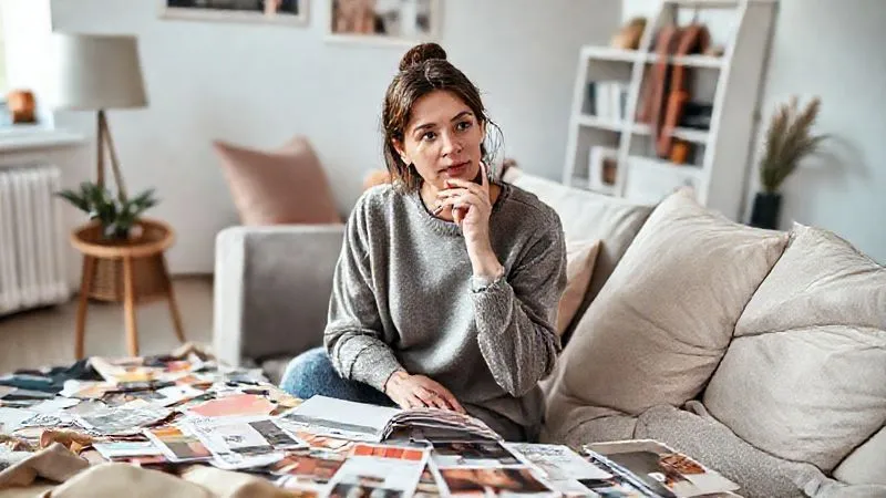 photorealistic, professional photography, 8K, cinematic lighting, sharp focus, depth of field, shot on a high-end DSLR. A thoughtful woman in her early 30s, sitting comfortably in a well-lit, minimalist living room, surrounded by scattered fabric swatches, color palettes, and fashion magazine clippings. She holds a pen to her chin, a look of deep contemplation as she curates her personal style mood board. The scene conveys introspection and creative discovery.