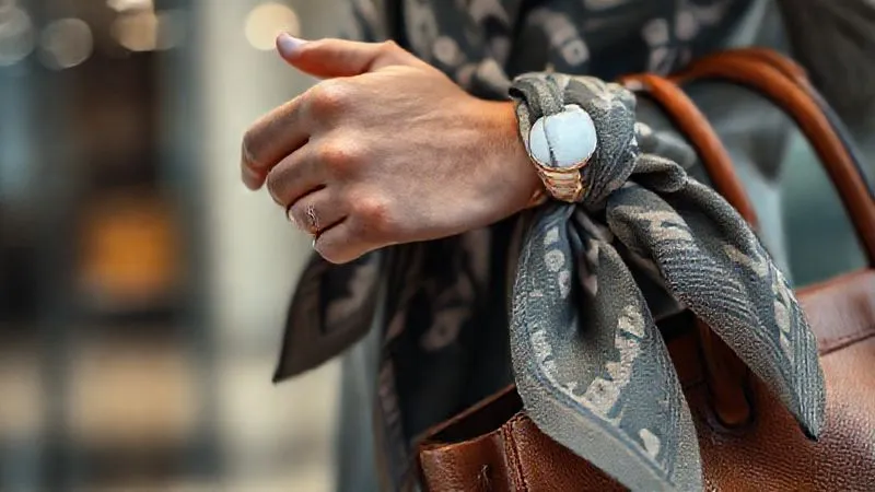 photorealistic, professional photography, 8K, cinematic lighting, sharp focus, depth of field, shot on a high-end DSLR. A close-up shot of a stylish woman's hands, adorned with elegant, subtle jewelry (a minimalist watch, a delicate ring, and a thin bracelet), adjusting a beautifully patterned silk scarf tied around the handle of a structured leather handbag. The background is softly blurred, hinting at a modern office environment. The focus is on the intricate details and the tactile quality of the accessories.