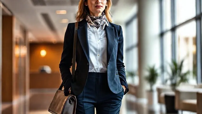 photorealistic, professional photography, 8K, cinematic lighting, sharp focus, depth of field, shot on a high-end DSLR. A stylish professional woman, mid-30s, standing confidently in a modern office lobby. She is expertly layered: a tailored navy blazer over a crisp white button-down shirt, with a subtly patterned silk scarf peeking out. Her trousers are well-fitted, and she carries a structured leather bag. The overall look is sophisticated yet approachable, highlighting the art of professional layering.