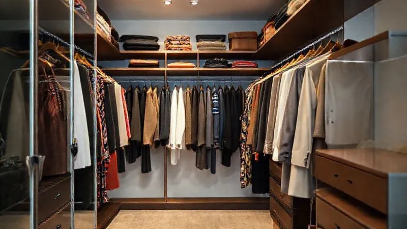 photorealistic, professional photography, 8K, cinematic lighting, sharp focus, depth of field, shot on a high-end DSLR. An impeccably organized but visually rich walk-in closet. Clothing racks display carefully curated professional garments in a mix of classic neutrals and vibrant, tasteful accent colors. Shelves hold stylish, personalized accessories like unique scarves, statement jewelry, and distinctive handbags. The scene is bright, elegant, and conveys a sense of personal style within an organized system.