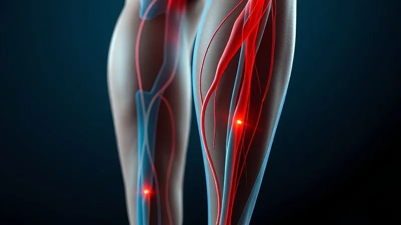 A photorealistic, professional photography, 8K, cinematic lighting, sharp focus, depth of field shot on a high-end DSLR of a detailed anatomical diagram overlayed on a human leg, highlighting superficial nerves and blood vessels in the calf and shin area, with subtle red arrows indicating pressure points from tight clothing.