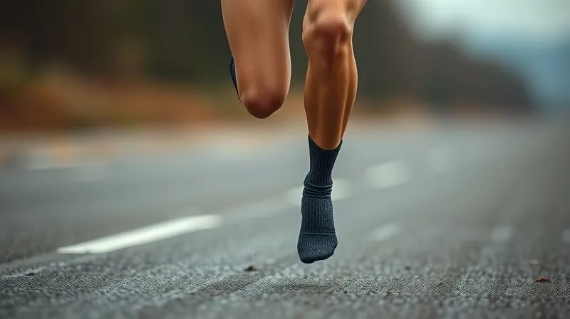 A photorealistic, professional photography, 8K, cinematic lighting, sharp focus, depth of field shot on a high-end DSLR of a female marathon runner's legs in motion, wearing compression socks, with a subtle visual emphasis on the dynamic pressure points and muscle definition during a long-distance run, conveying both effort and potential discomfort.