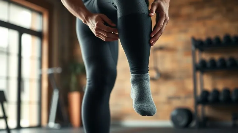 A photorealistic, professional photography, 8K, cinematic lighting, sharp focus, depth of field shot on a high-end DSLR of an athlete carefully examining the fit of their compression leggings and socks, looking for signs of pinching or tightness, in a well-lit gym or home setting, emphasizing attention to detail and self-awareness.