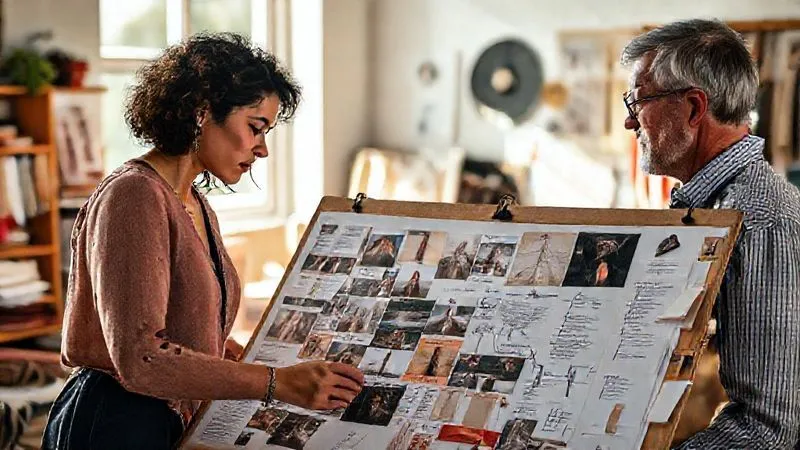 Photorealistic, professional photography, 8K, cinematic lighting, sharp focus, depth of field. A creative director, a diverse woman in her late 30s, intently discussing concepts with a fashion photographer, a focused man in his early 40s, over a large, detailed storyboard filled with various mood images, fabric swatches, and handwritten notes. They are in a minimalist, sun-drenched studio, surrounded by creative chaos. Shot on a high-end DSLR.