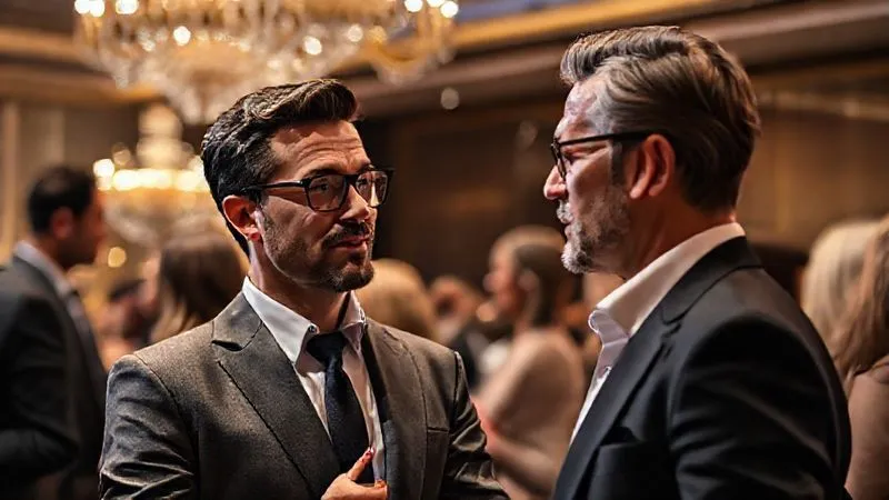 Photorealistic, professional photography, 8K, cinematic lighting, sharp focus, depth of field. A sophisticated fashion photographer, dressed smartly, confidently engaging in conversation with a prominent magazine editor at an exclusive industry event. The background is softly blurred with elegant decor and other attendees, suggesting a vibrant networking environment. Shot on a high-end DSLR.