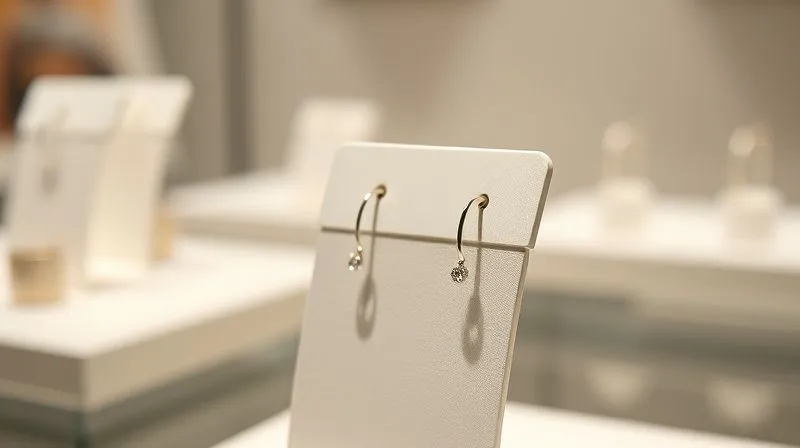 A photorealistic, professional photography shot of a meticulously arranged artisan jewelry display. A pair of delicate silver earrings with small, sparkling gemstones are perfectly lit on a minimalist white stand, with a blurred background suggesting a high-end gallery or boutique. Sharp focus on the earrings, cinematic lighting highlighting their craftsmanship, depth of field, 8K hyper-detailed, shot on a high-end DSLR.