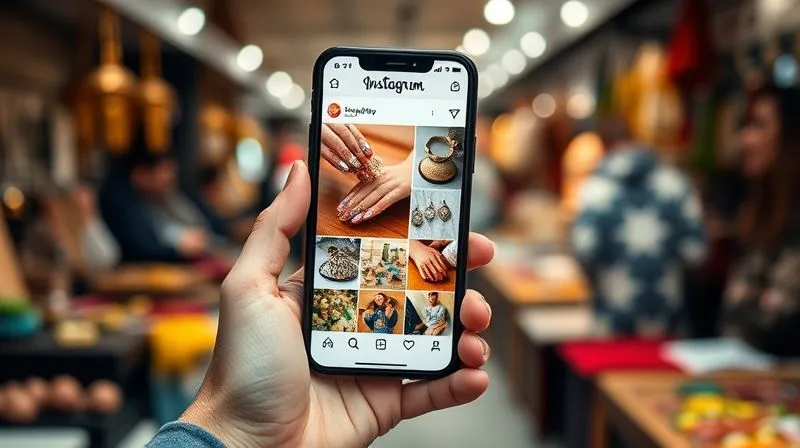A photorealistic image of a hand holding a smartphone, displaying an Instagram feed with beautifully curated artisan jewelry posts. In the background, a blurred scene of a bustling craft market or an online store interface, symbolizing diverse marketing channels. Cinematic lighting, sharp focus on the phone screen, depth of field, 8K hyper-detailed, professional photography, shot on a high-end DSLR.