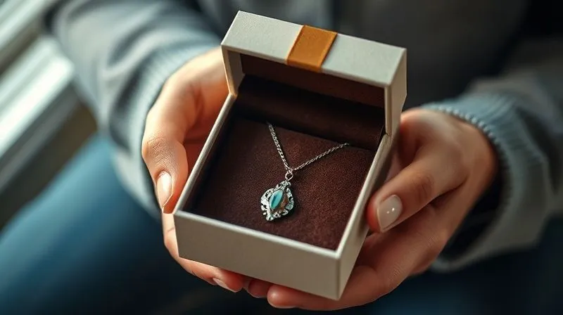 A photorealistic, professional photography shot of a pair of hands carefully opening a beautifully branded, elegant jewelry box. Inside, a unique artisan necklace is nestled on soft velvet. The scene is well-lit, with sharp focus on the hands and the box's interior, showing attention to detail and a luxurious unboxing experience. Depth of field blurs the background. 8K hyper-detailed, shot on a high-end DSLR.